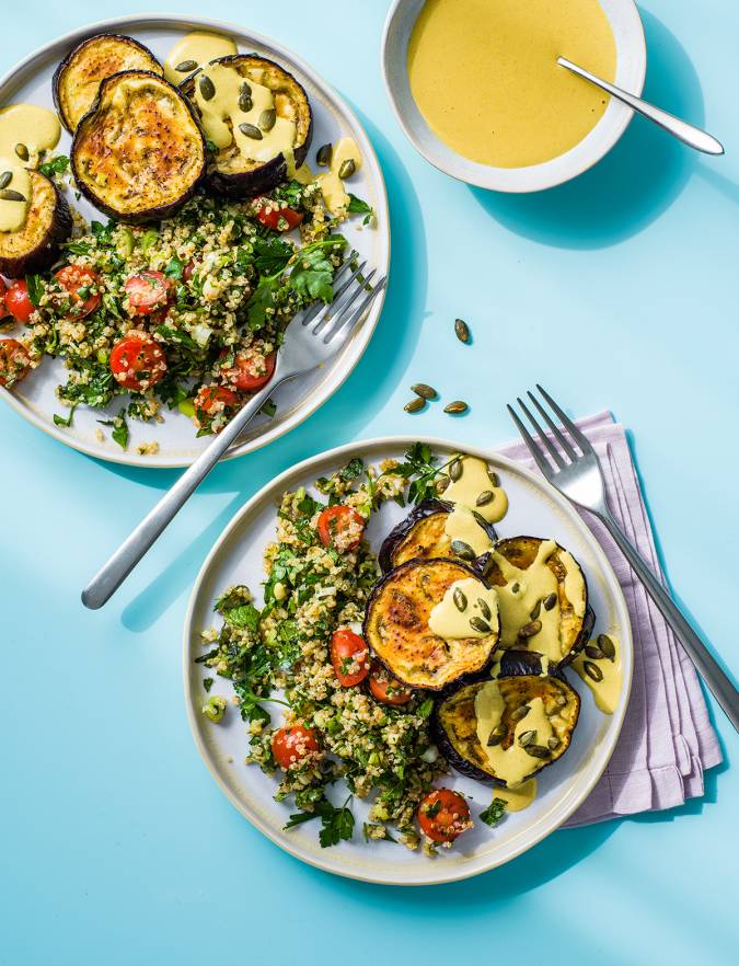 Recipe: Roast aubergine with tabbouleh and walnut turmeric sauce