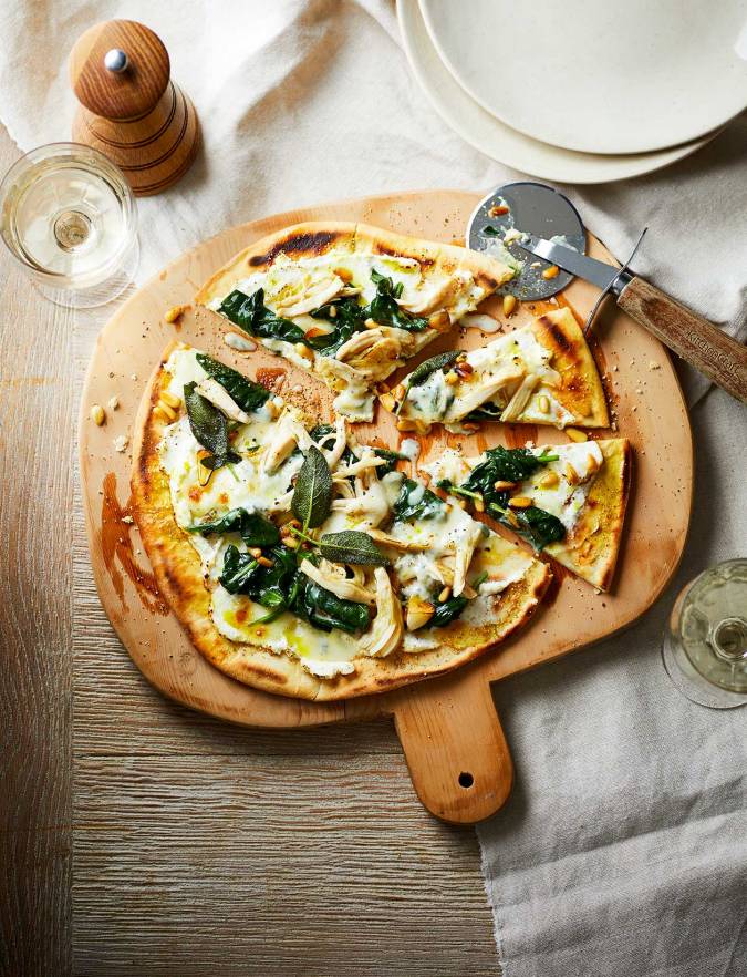 Four cheese garlic chicken pizza bianco recipe Sainsbury's Magazine