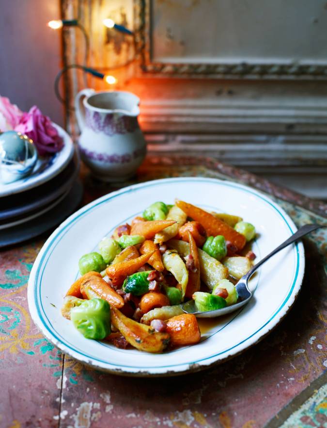 Recipe: Roasted carrots, parsnips and sprouts with pancetta and lemon-thyme butter