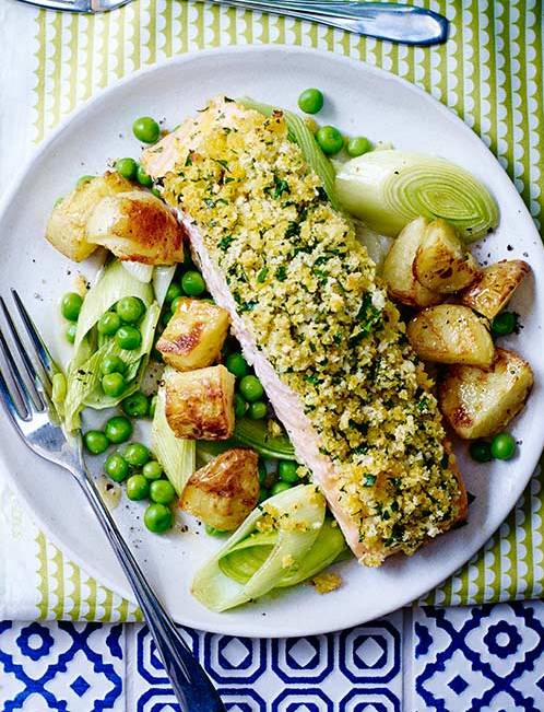 Recipe: Citrus-crusted salmon with buttered leeks and roasted new potatoes