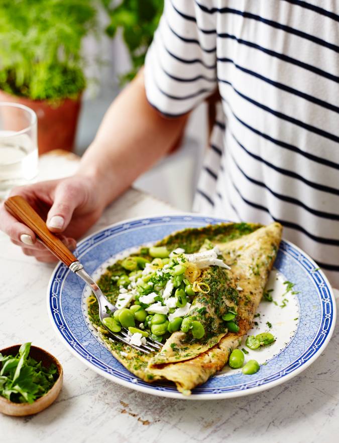 Recipe: Herb omelette with feta and broad beans
