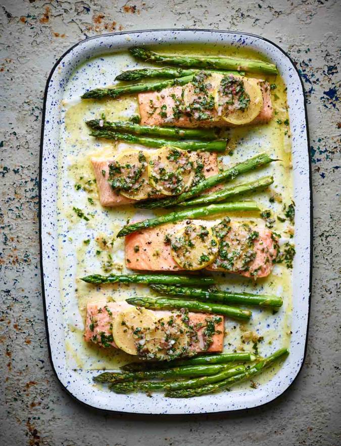 Salmon and asparagus traybake recipe | Sainsbury's Magazine