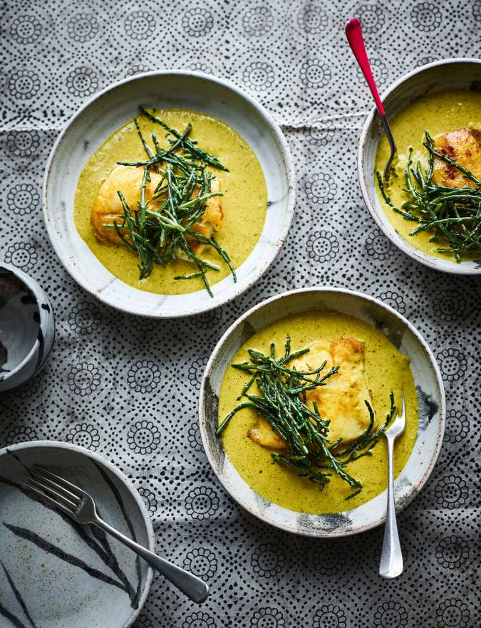 Recipe: Hake with samphire and malai sauce