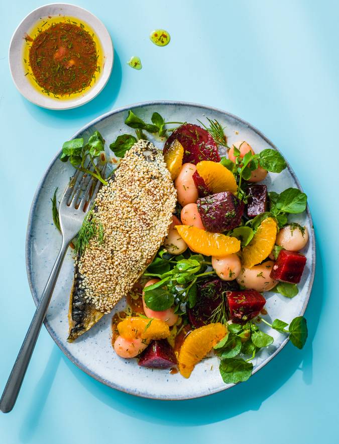 Recipe: Sesame mackerel with orange and beetroot salad