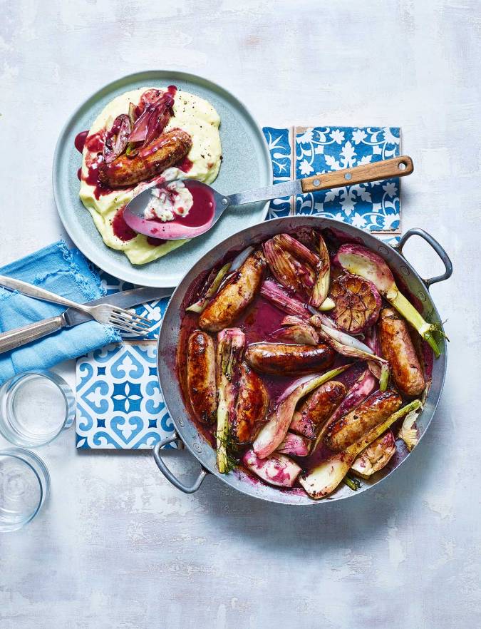 Recipe: Wine-braised sausages with olive oil mash