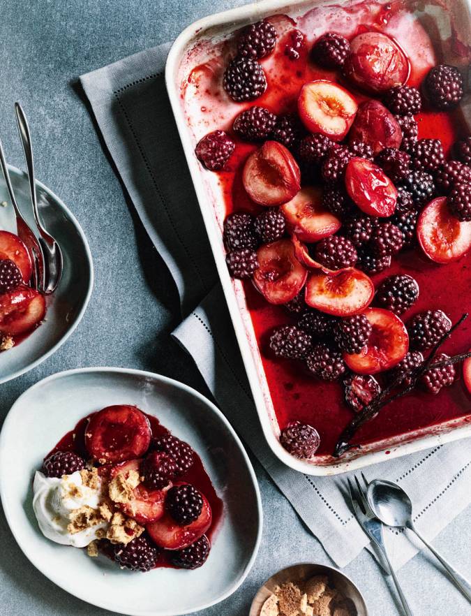 Recipe: Baked blackberry and plum compote with amaretti and yogurt