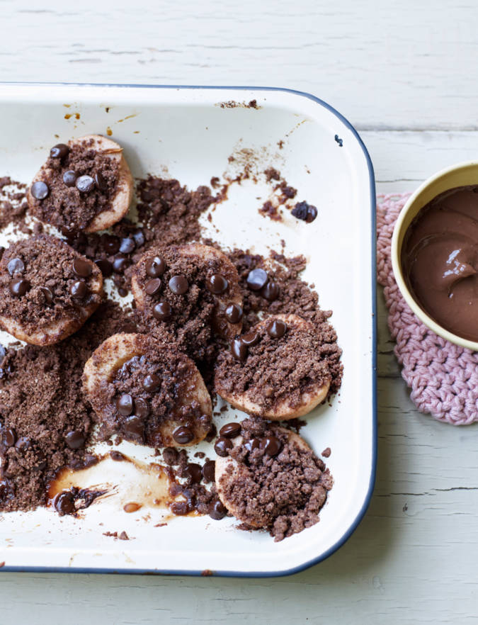 Recipe: Double-choc crumble pears with chocolate custard