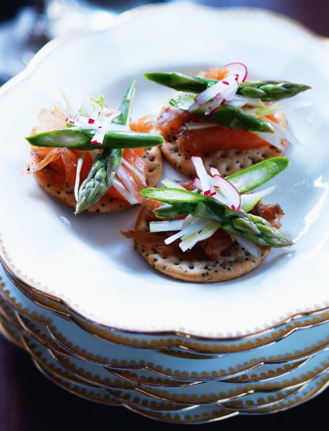 Recipe: Gin-cured salmon and asparagus slaw bites