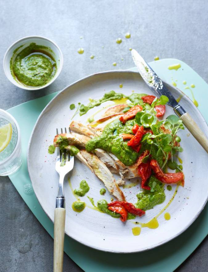 Recipe: Bashed chicken with walnut and watercress pesto