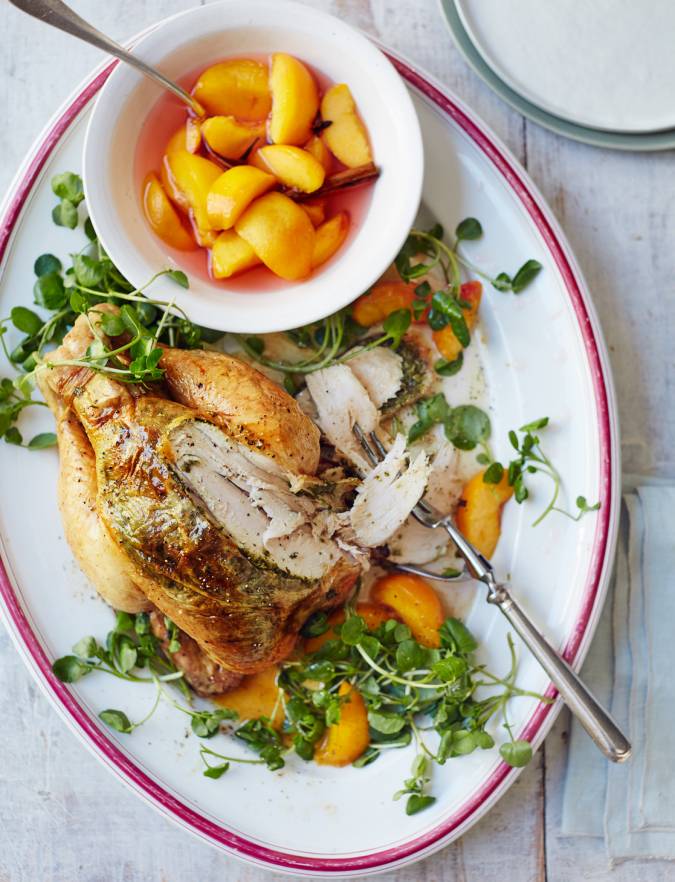 Recipe: Summer roast chicken with watercress and spiced peaches
