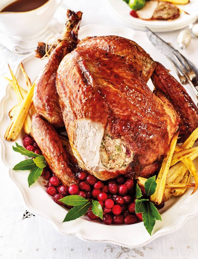 Recipe: Roast turkey with spiced cranberry-pecan stuffing and maple glaze