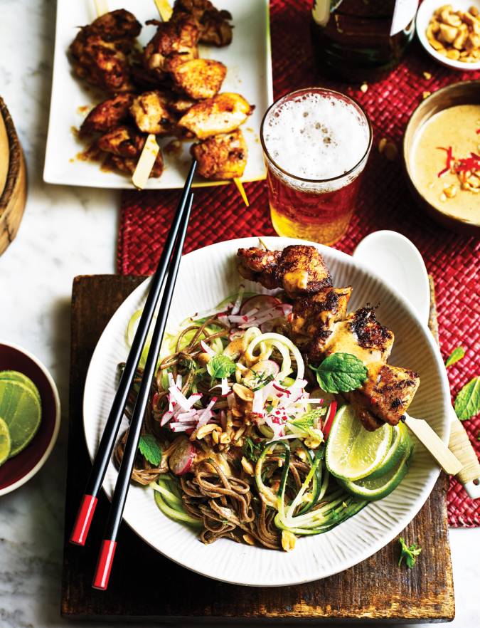 Recipe: Satay chicken with soba and cucumber noodle salad