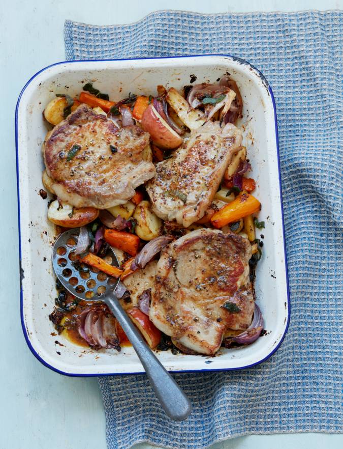 Recipe: Pork chop, root veg and apple traybake