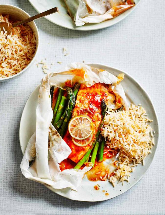 Recipe: Harissa salmon parcels with coconut rice