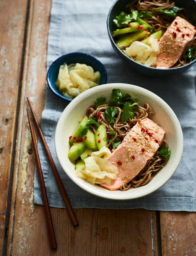 Recipe: Ginger salmon with sesame noodles and cucumber salad
