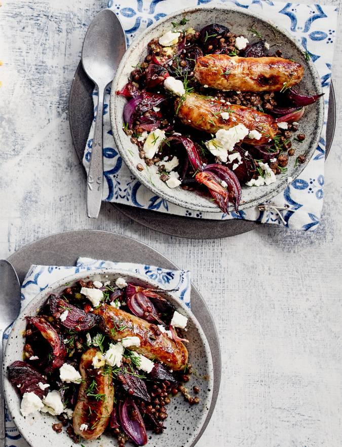 Recipe: Sausages with mustardy lentils, beetroot and feta