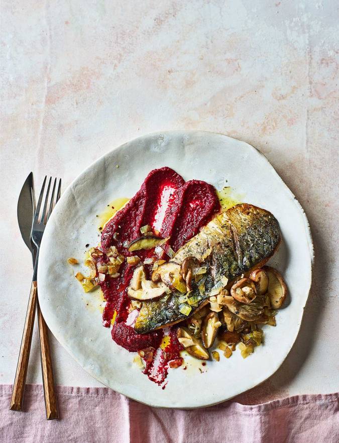 Recipe: Herbed mackerel with beetroot purée and mushrooms