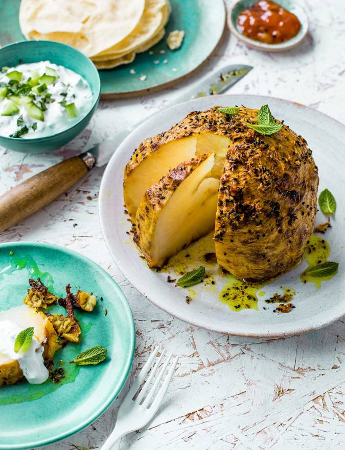 Recipe: Slow-roast spiced whole celeriac with raita