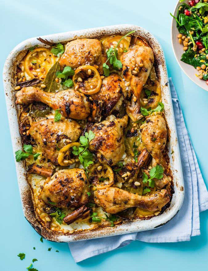 Recipe: Spiced chicken traybake with spinach and lentils