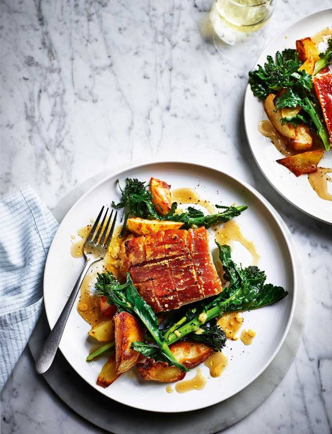 Recipe: Slow-roast pork with rosemary potatoes and sprouting broccoli