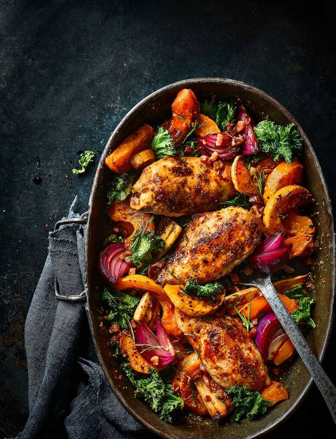 Sticky maple chicken traybake recipe Sainsbury's Magazine