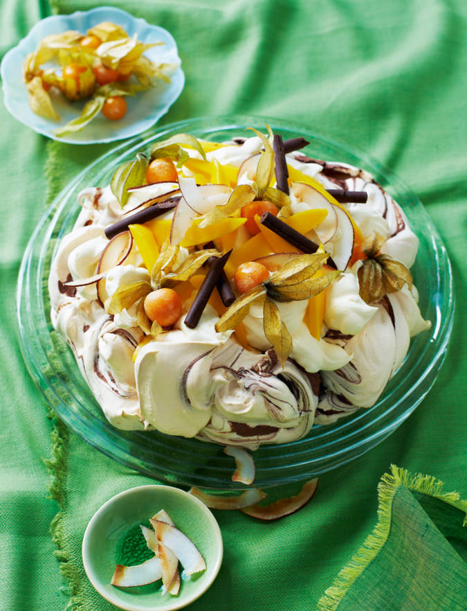 Recipe: Chocolate swirl pavlova with mango and physalis