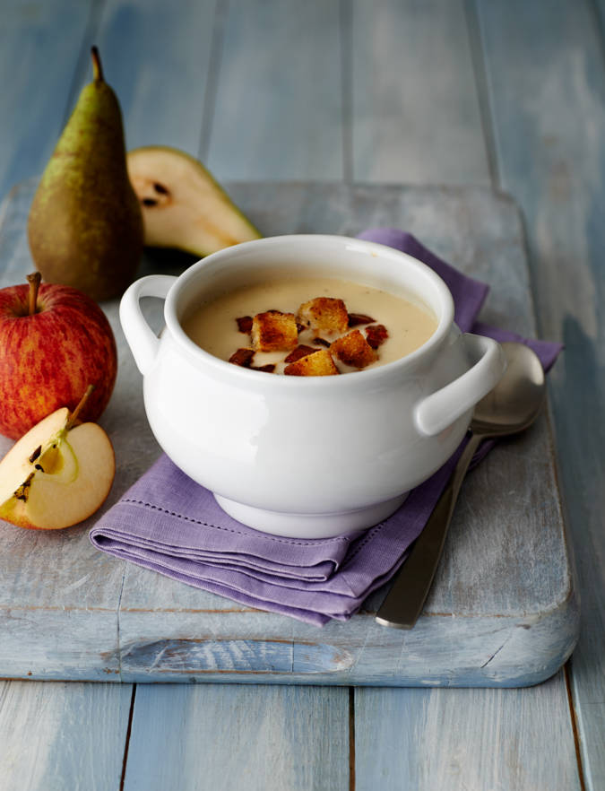 Recipe: Apple, pear and Stilton soup with chorizo and croutons