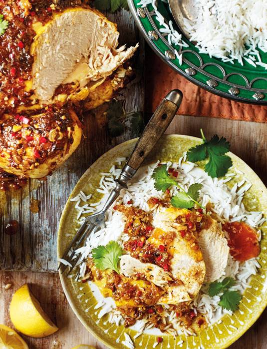 Recipe: Pot-roasted curried chicken with garam masala, mango chutney and lemon