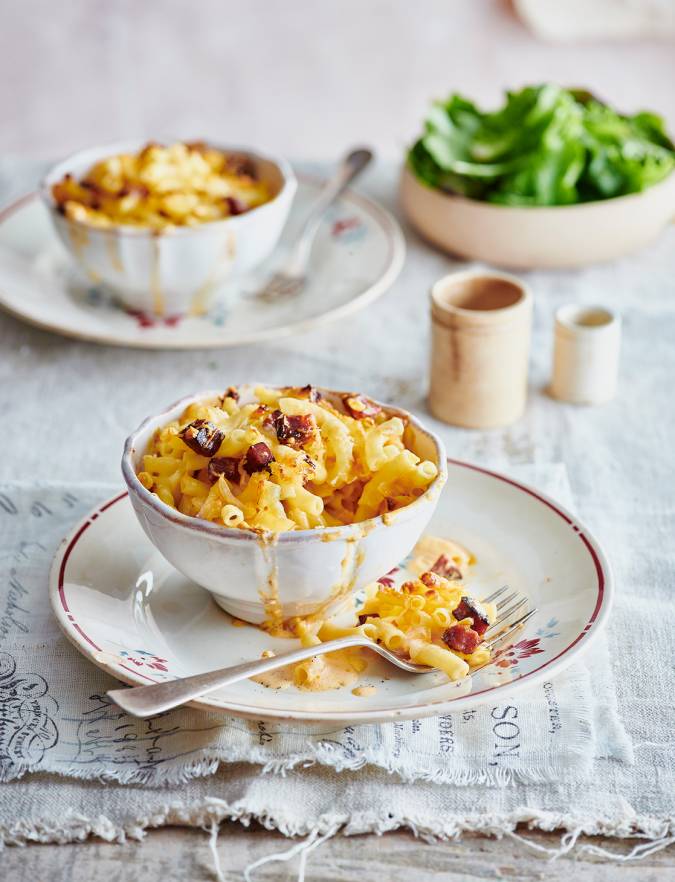 Recipe: Baked macaroni, chorizo and Chaource cheese pots