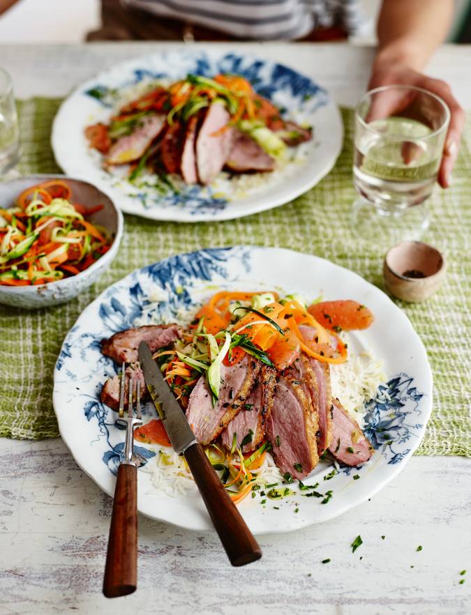 Recipe: Pan-fried duck with soft herb and grapefruit slaw