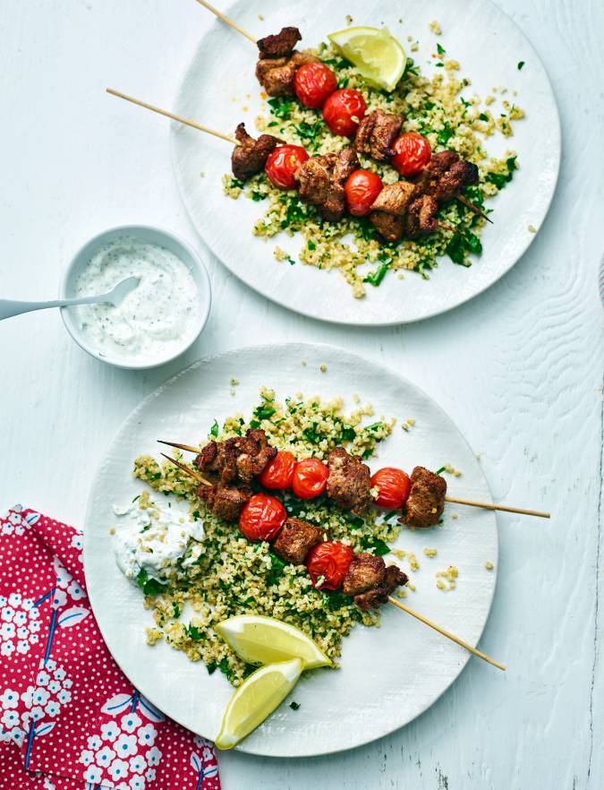 Recipe: Spicy lamb skewers with herby bulgur