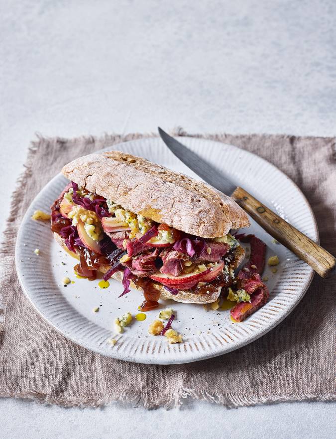 Recipe: Steak and blue cheese ciabatta with beetroot slaw