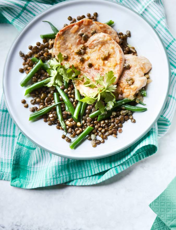 Recipe: Pork with caper lemon sauce and green bean lentils