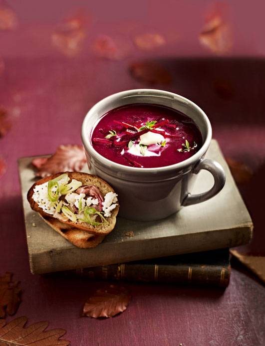 Recipe: Beetroot soup with crème fraîche and feta toasts