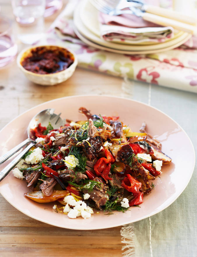 Recipe: Slow-roast lamb with feta, peppers and dill