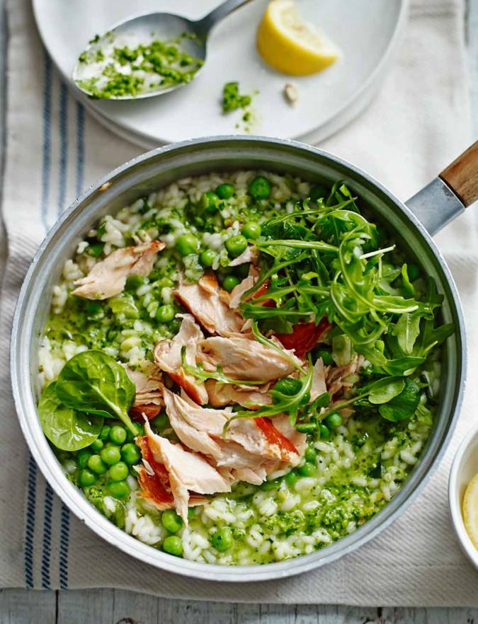 Recipe: Pea pesto risotto with honey roast salmon