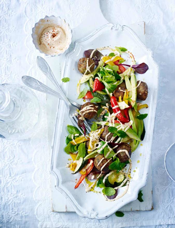 Recipe: Falafel with avocado, roasted vegetables and tahini dressing