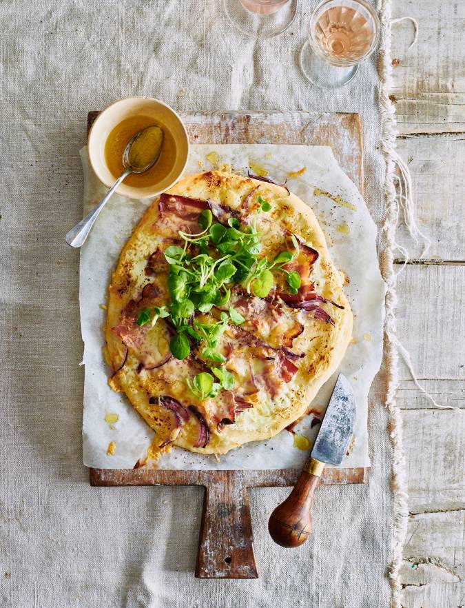 Recipe: Tarte flambée with Comté and watercress salad