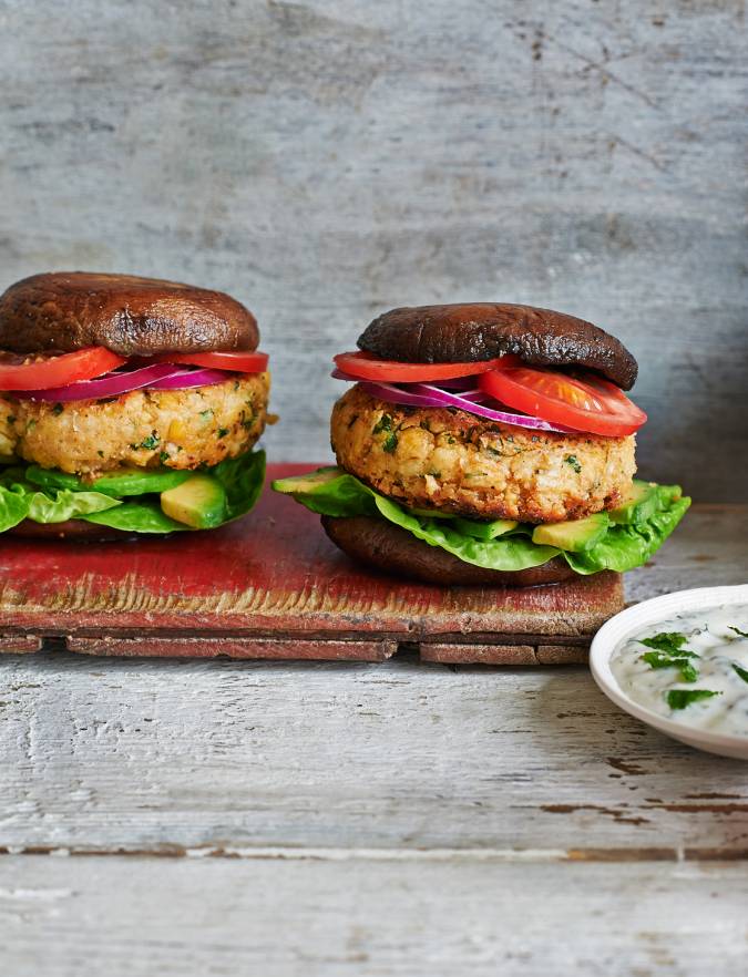 Recipe: Chickpea burgers in roasted portobello ‘buns’