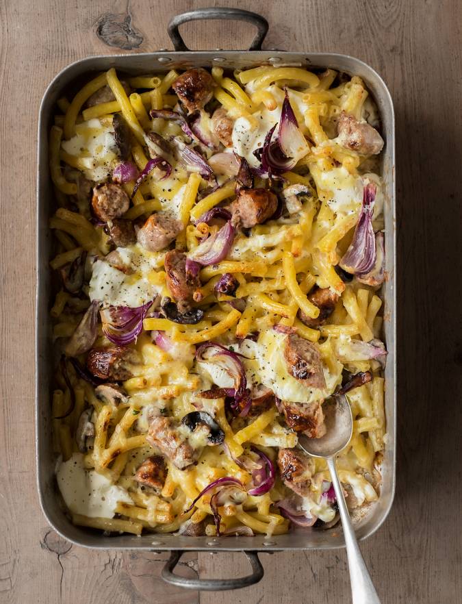 Sausage, cheddar and mushroom pasta bake | Sainsbury's Magazine