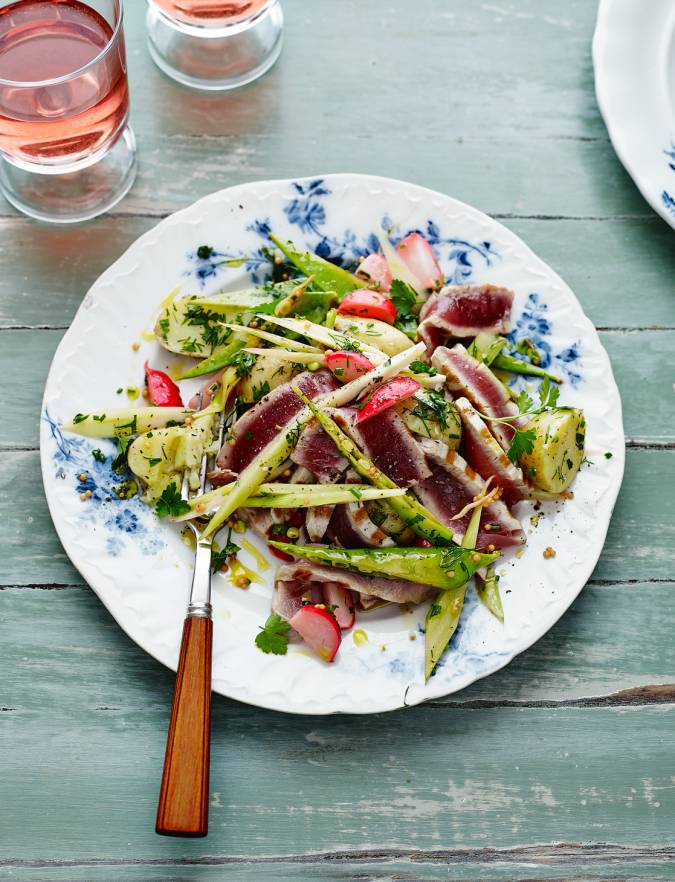 Recipe: Warm pickled veg with seared tuna and herbs