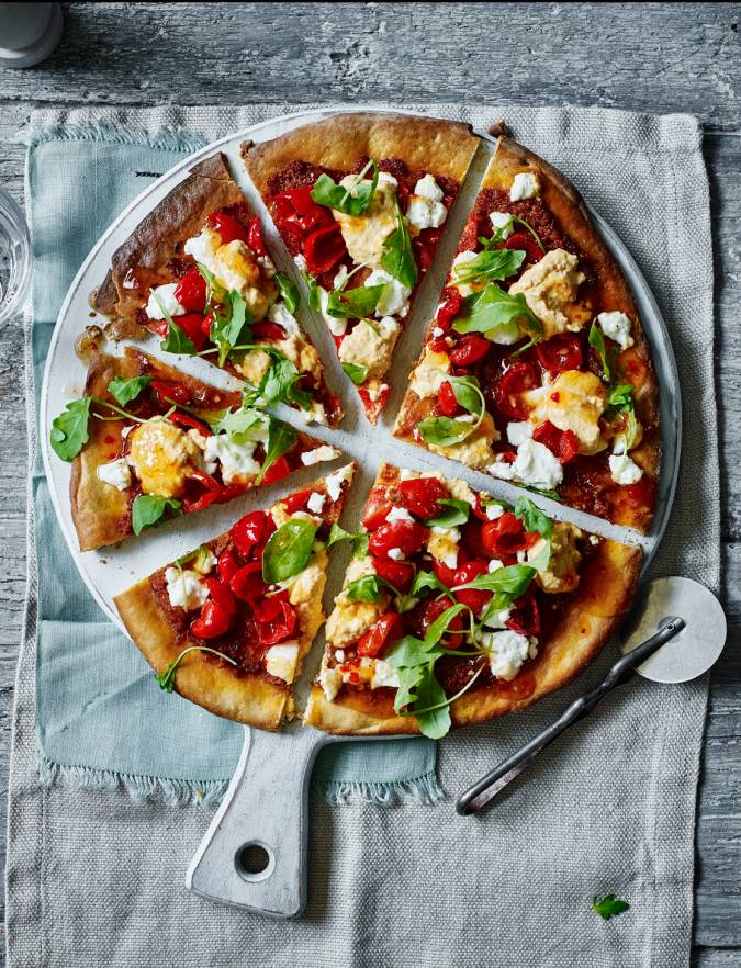 Recipe: Houmous, pepper, goats’ cheese and sweet chilli pizza