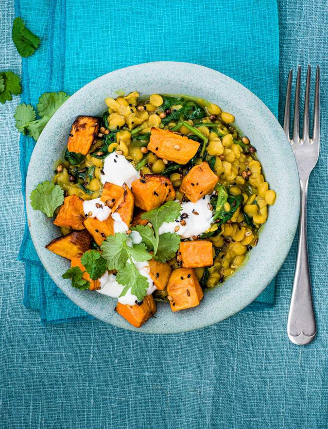 Recipe: Spinach and split pea dhal with roasted sweet potato