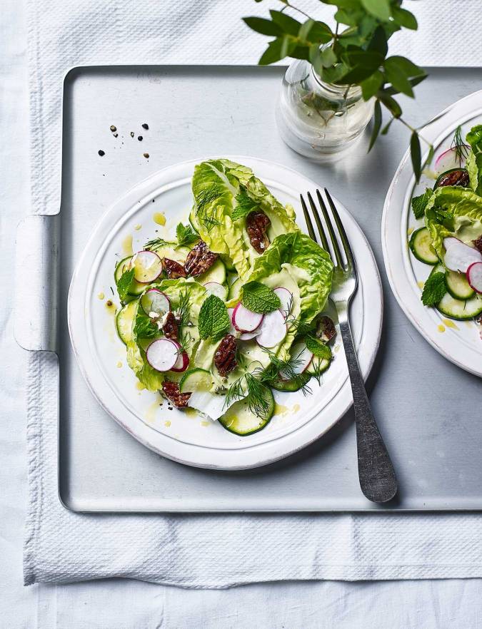 Recipe: Little Gem salad with avocado cream and crispy pecans