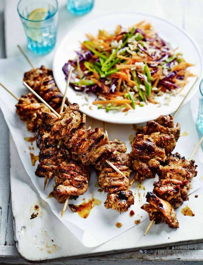 Recipe: Spicy jerk chicken skewers with brown rice slaw
