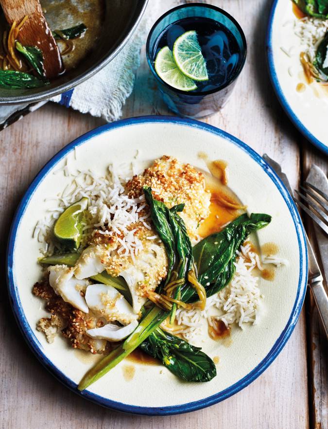 Recipe: Sesame-crusted fish with ginger pak choi
