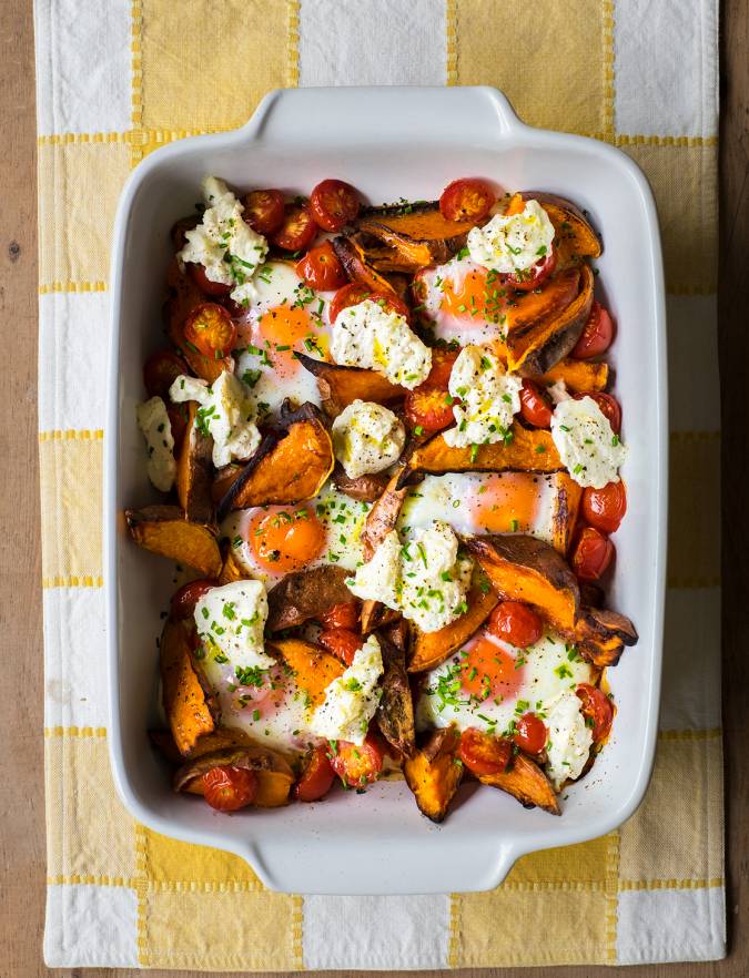 Recipe: Spicy sweet potato, tomato, ricotta and egg bake