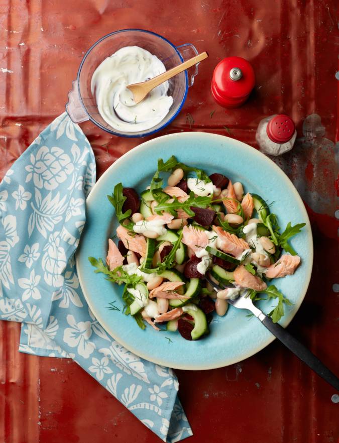 Recipe: Hot smoked trout and beans with a creamy dill dressing