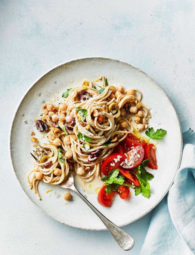 Recipe: Tahini and olive spaghetti with tomato salad