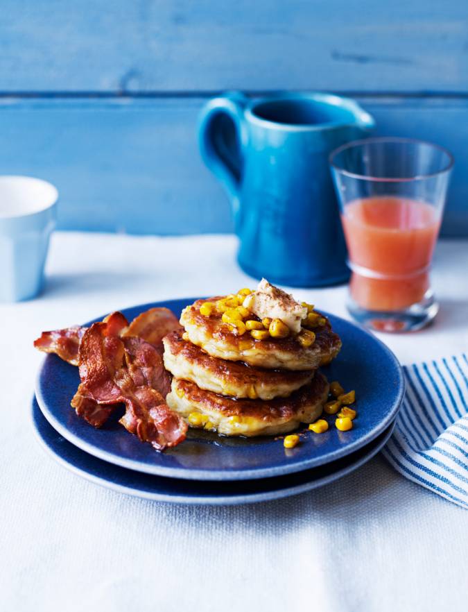 Recipe: Sweetcorn ricotta pancakes with sweet crispy bacon